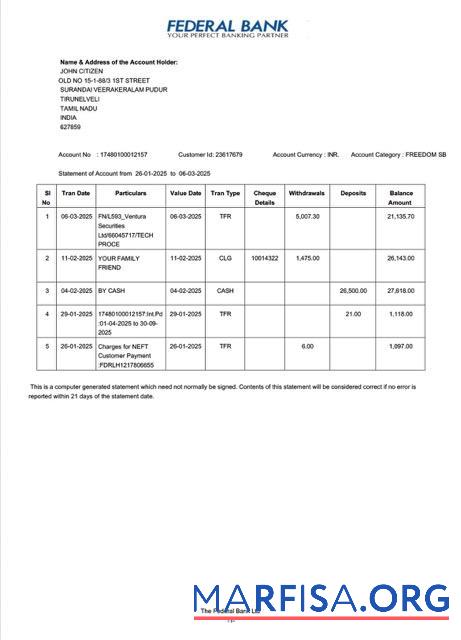 Blank India Federal bank statement of account word version 2 real example
